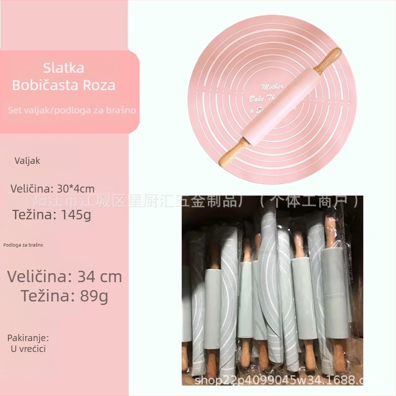 Silikonski valjak za tijesto za pečenje, srednje veličine, set s podlogom za mijesanje