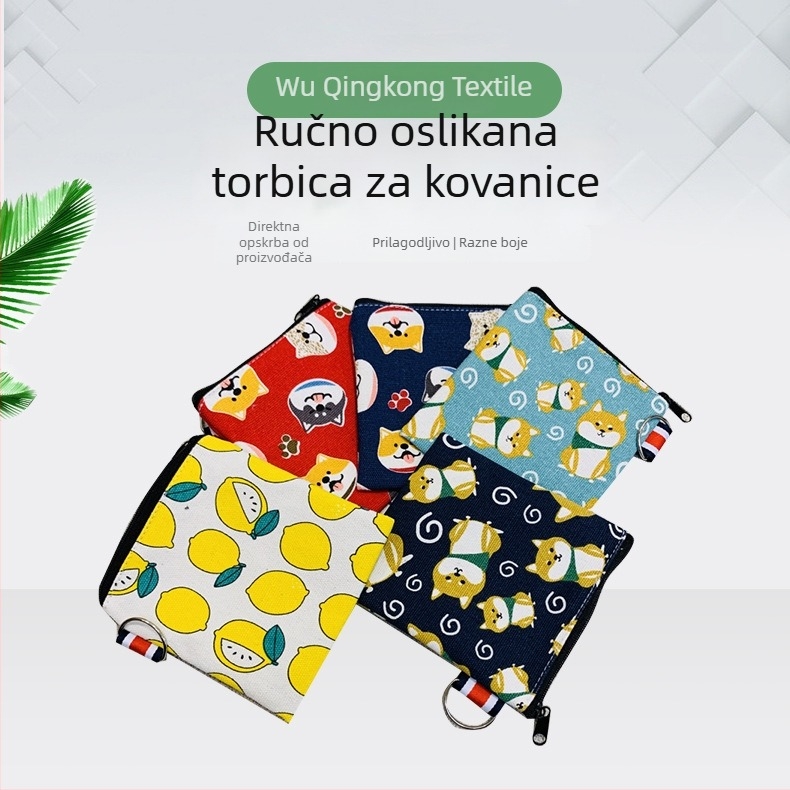Slatka platnena torbica s karikaturom, pretinac za ključeve i džep s zatvaračem za novčiće, ručna, jednofarbni kozmetički organizator
