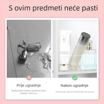 Prozirni akrilni ogledni ormarić s L-oblikom pregrade za sprječavanje pada, organizator kozmetike u kupaonici