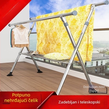 Stalak za sušenje od nehrđajućeg čelika s dvije šipke, podni stojeći, sklopiv i izvučen, pokretna unutarnja sušilica za odjeću i deke, balkon