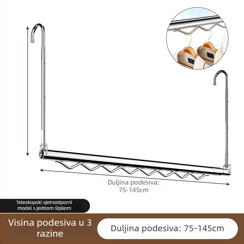Teleskopski stalak za sušenje odjeće od nehrđajućeg čelika, za kućni balkon, podesiv, bez bušenja, za vješanje odjeće