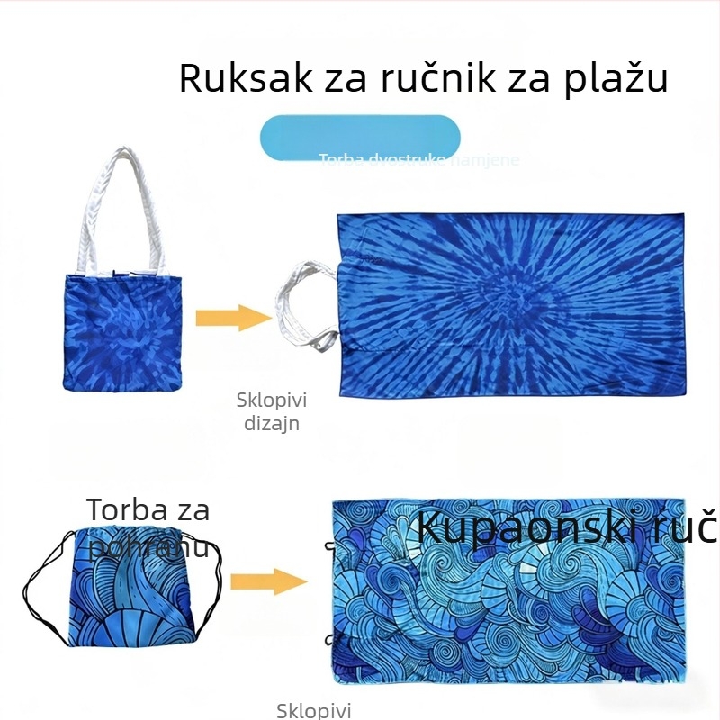Dva u jednom sklopivi plažni ručnik s printom, integrirani ručnik za kupanje i plažu u jednoj kombinaciji s torbom za pohranu
