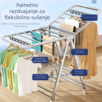 Nerđajući čelični sklopivi stalak za sušenje odjeće, podna postava, za kućnu upotrebu, balkon i unutarnju uporabu, za dječju odjeću i pokrivače