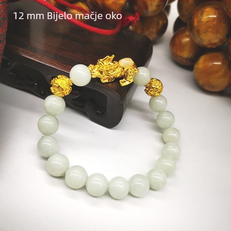 Pozlaćeni Pixiu narukvica sa zelenim kamenjem, obsidijanom i Hetianskim jadeom, kineski stil budističkih perli