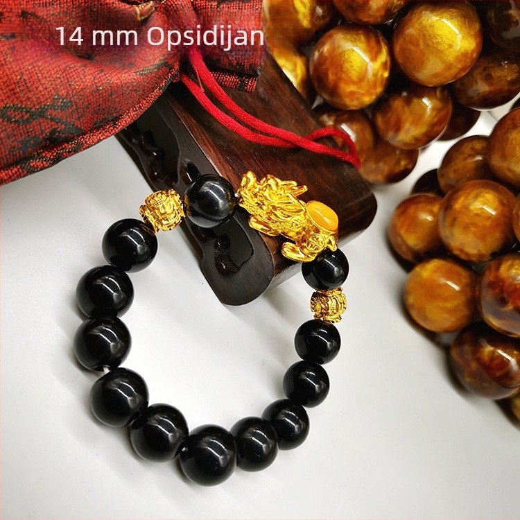 Pozlaćeni Pixiu narukvica sa zelenim kamenjem, obsidijanom i Hetianskim jadeom, kineski stil budističkih perli