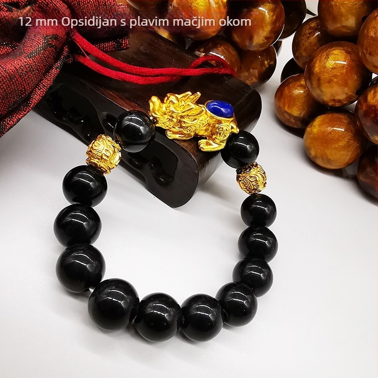 Pozlaćeni Pixiu narukvica sa zelenim kamenjem, obsidijanom i Hetianskim jadeom, kineski stil budističkih perli