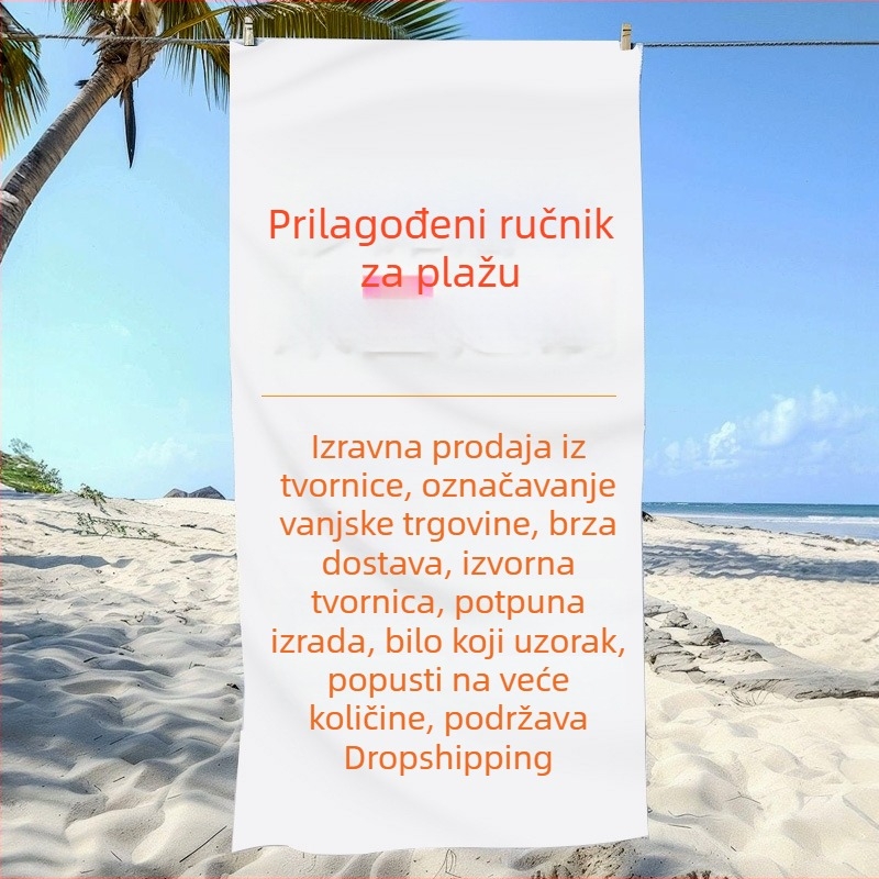 Prilagođeni mikrovlaknasti plažni ručnik, dvostrano pliš, upija i brzo se suši; za plažu, plivanje i fitness; veličine 180×90 cm, 160×80 cm, 150×75 cm i 45×90 cm.
