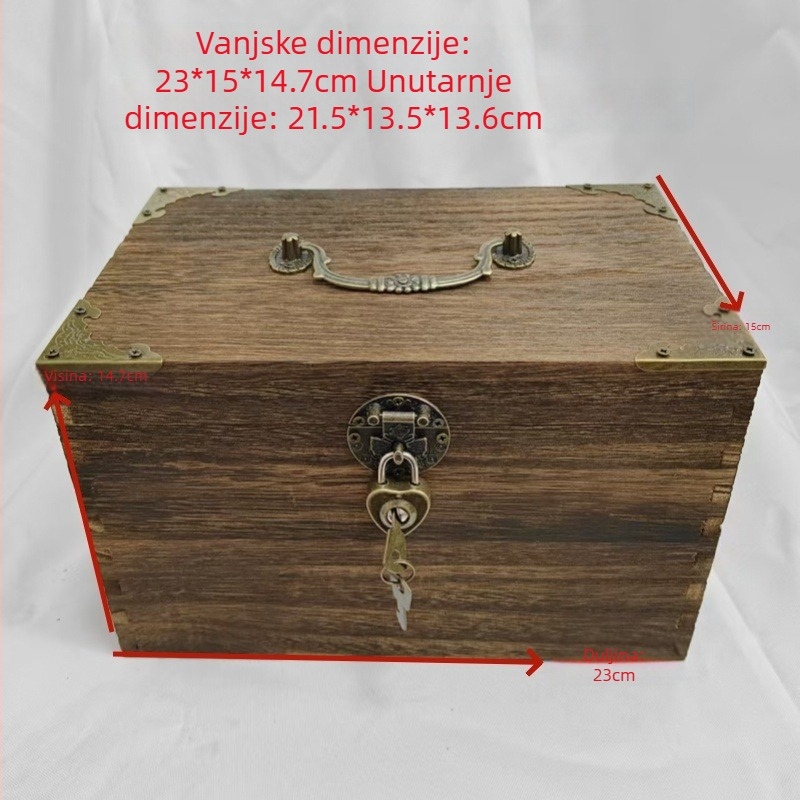 Retro zaključana drvena kutija za stolni prostor, pravokutnog oblika, velika, za dnevni boravak – za sitnice, dokumente i novac