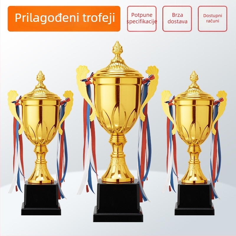 Metalni trofeji za sportska natjecanja s graviranim medaljama za košarku i nogomet, logotip na trofeji, minimalna narudžba 6 komada