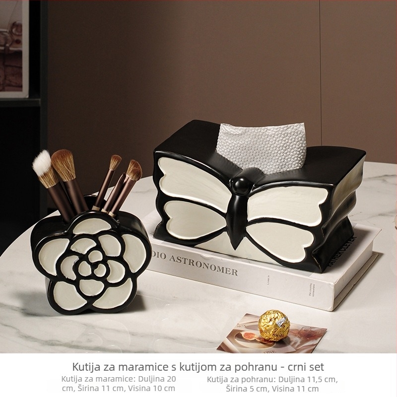 Kutija za maramice s leptirima i držačem za makeup četke, keramički stolni ukras u francuskom retro stilu