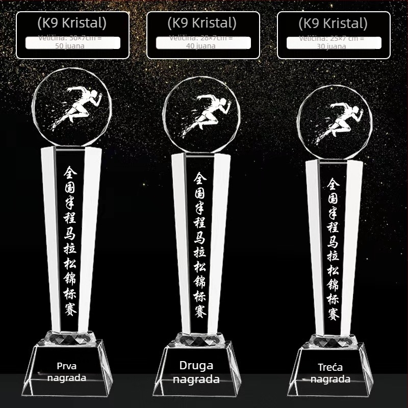 Kristalni pehar i medalja za atletske utrke: trčanje, maraton, štafeta i dugačke dionice — nagrada prvaka