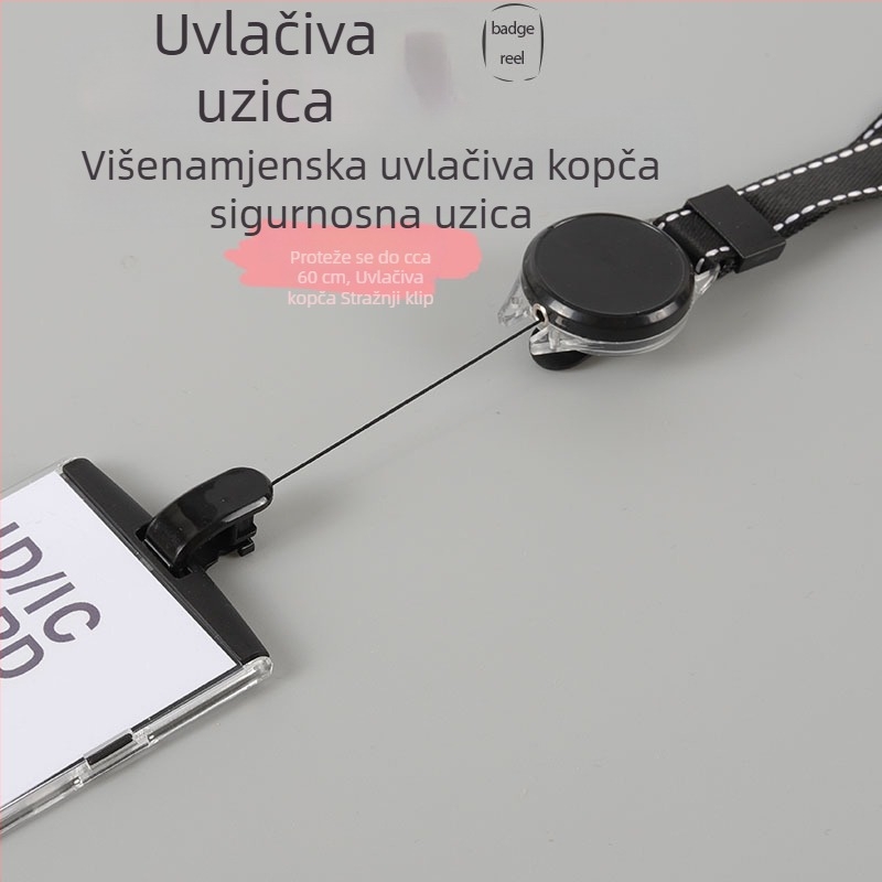 Plastična tvrda kartična držač s mogućnošću vertikalnog i horizontalnog printanja te izvučnim najlonskim lancem, za službene iskaznice, konferencijske značke i studentske kartice za prehranu.