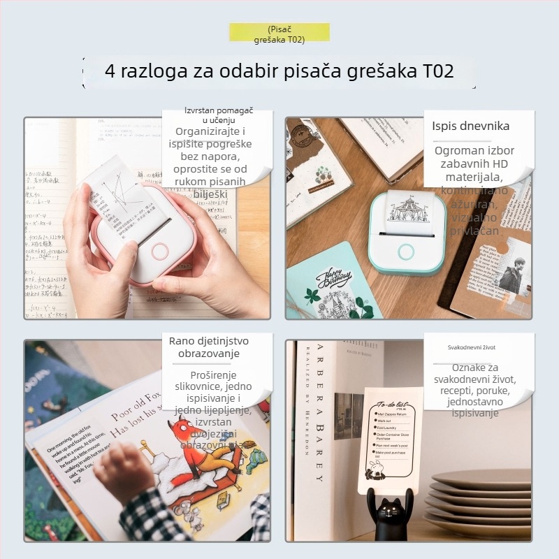 Phomemo T02 mini termo pisač – prijenosni pisač za etikete Bluetooth za telefon, kućna upotreba, pisač za ispravke pogrešaka