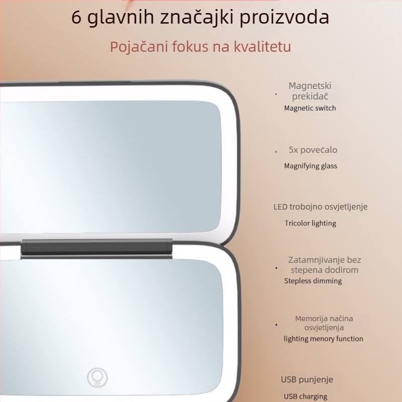 Ručna LED ogledala za šminkanje s osvjetljenjem, prenosivo dvostrano ogledalo s trobojnom rasvjetom