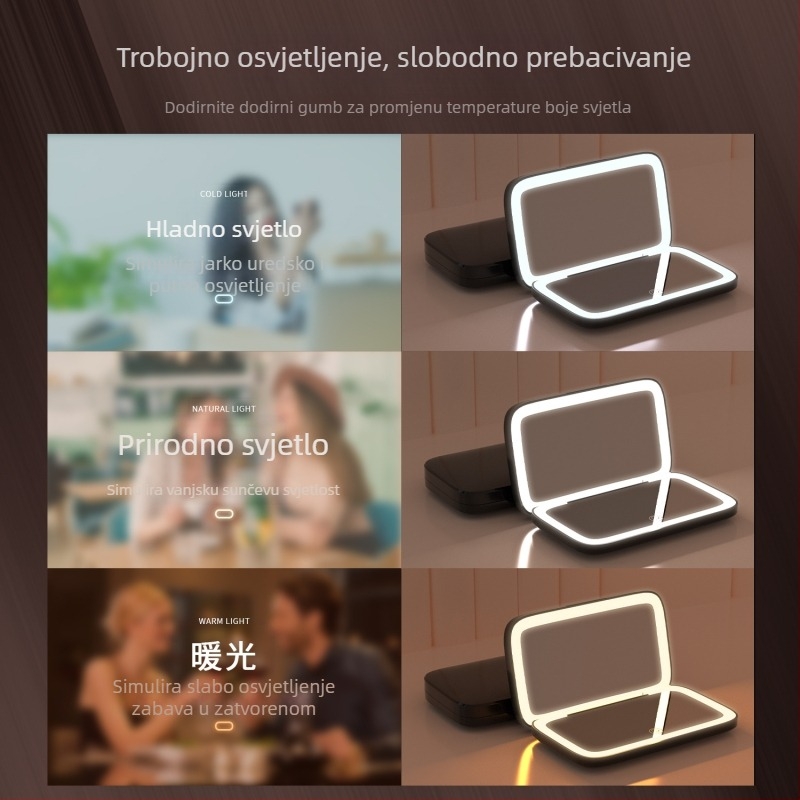 Ručna LED ogledala za šminkanje s osvjetljenjem, prenosivo dvostrano ogledalo s trobojnom rasvjetom