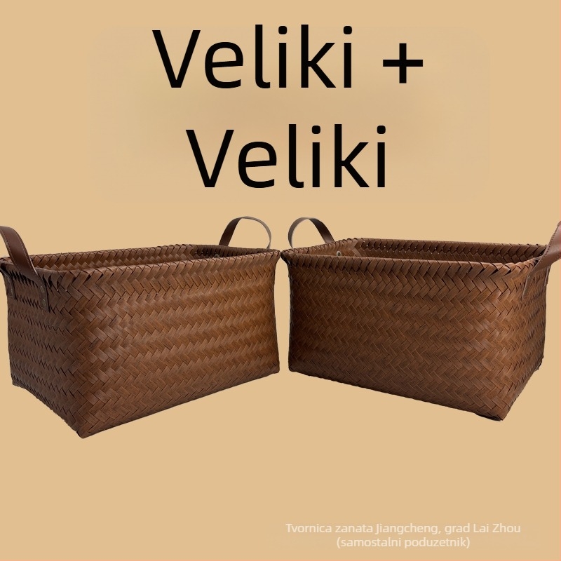 Visoko kvalitetna američka vintage košara za pohranu, ručno pletena od imitiranog ratana, s PU ručkom