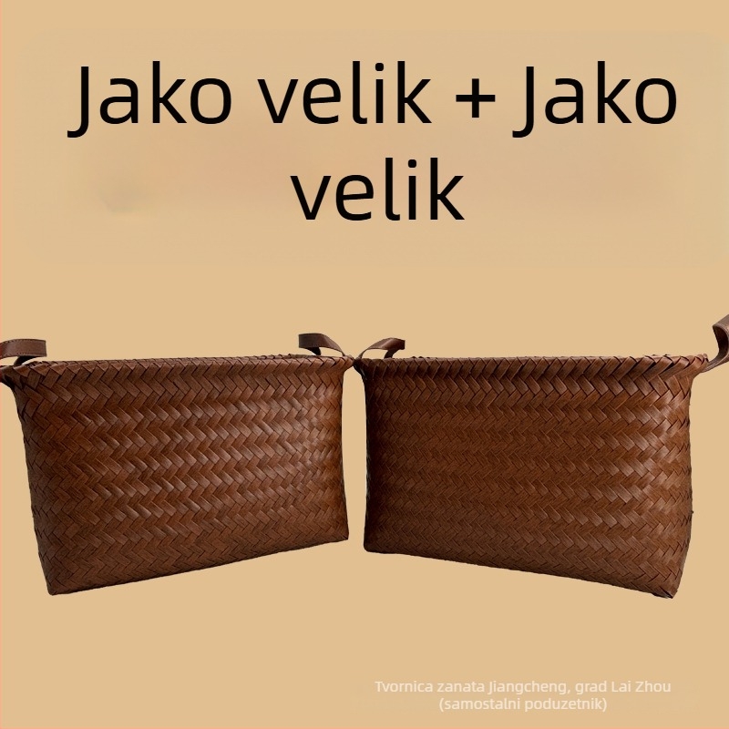 Visoko kvalitetna američka vintage košara za pohranu, ručno pletena od imitiranog ratana, s PU ručkom