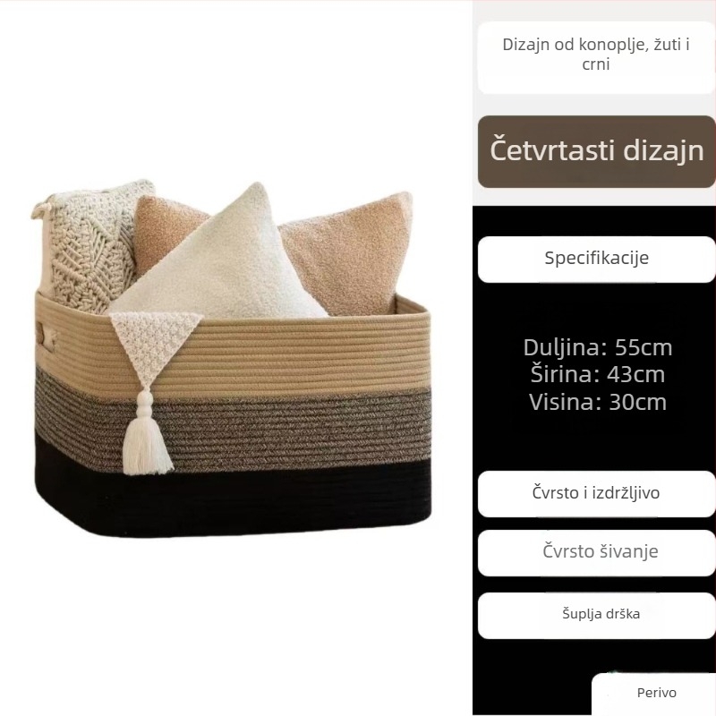Velika tkanina košara za pohranu od pamukog užeta, sklopiva, pravokutnog oblika, za rublje i pohranu u spavaćoj sobi