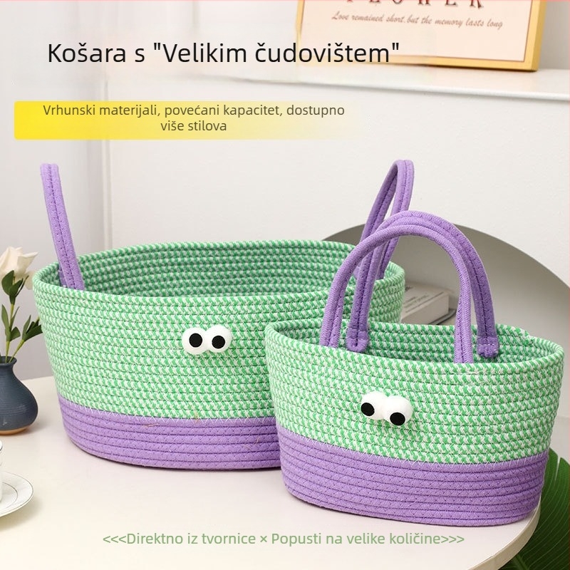 Slatka pletena košara za pohranu od pamukane užadi s motivom malog čudovišta s velikim očima, pogodna za odjeću, grickalice i pređu