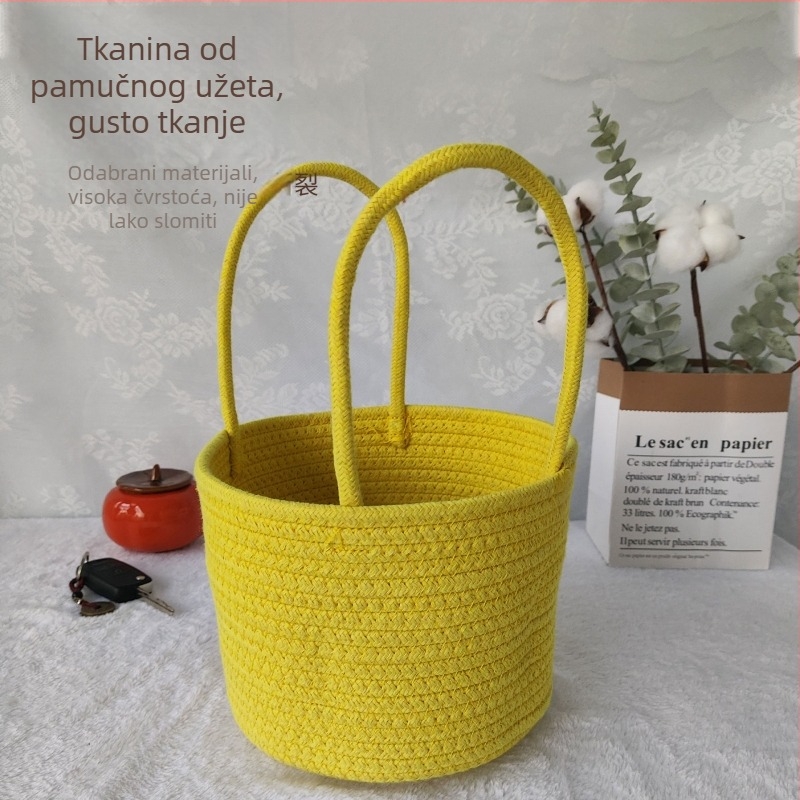 Pleteni košarica za pohranu od pamukog konca, nordijskog stila, jednobojna, za kozmetiku; može se objesiti i nositi.