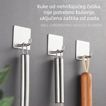 Nehrđajući čelični zidni držač s višestrukim kukama, bez bušenja, nosivost do 2 kg, za kuhinju i dom