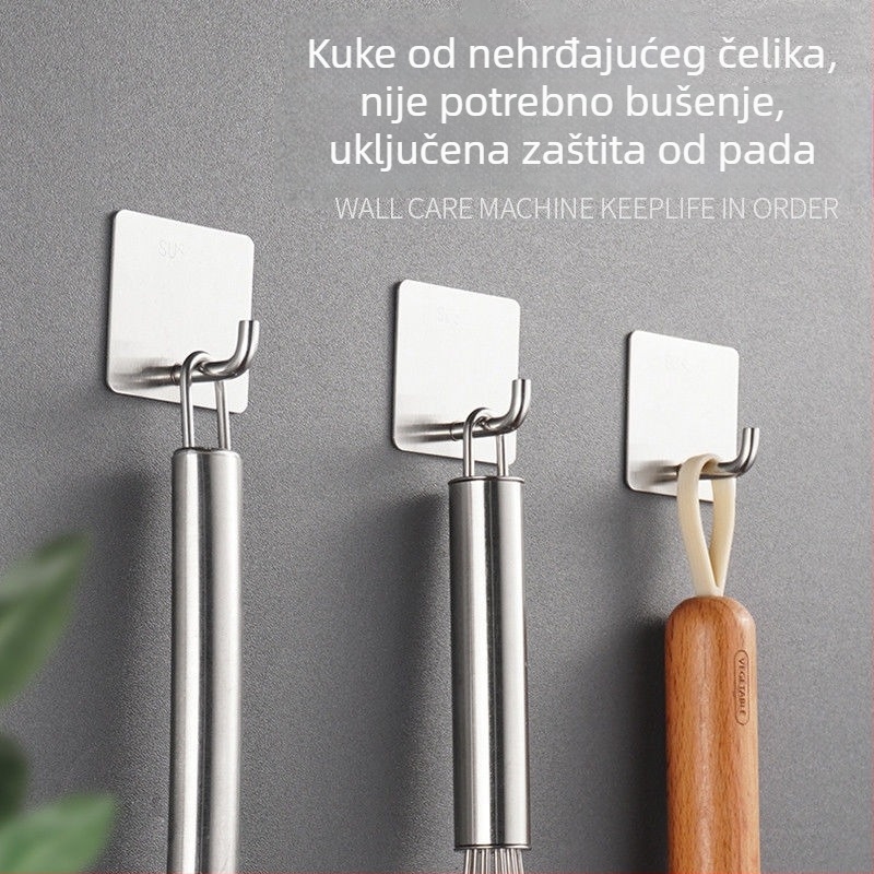 Nehrđajući čelični zidni držač s višestrukim kukama, bez bušenja, nosivost do 2 kg, za kuhinju i dom