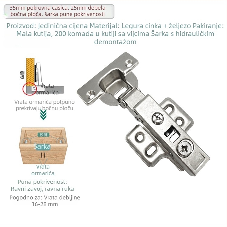 35 mm hidraulične šarke za vrata ormara s punim preklopom, debljina ploče 25–30 mm, cinkova legura