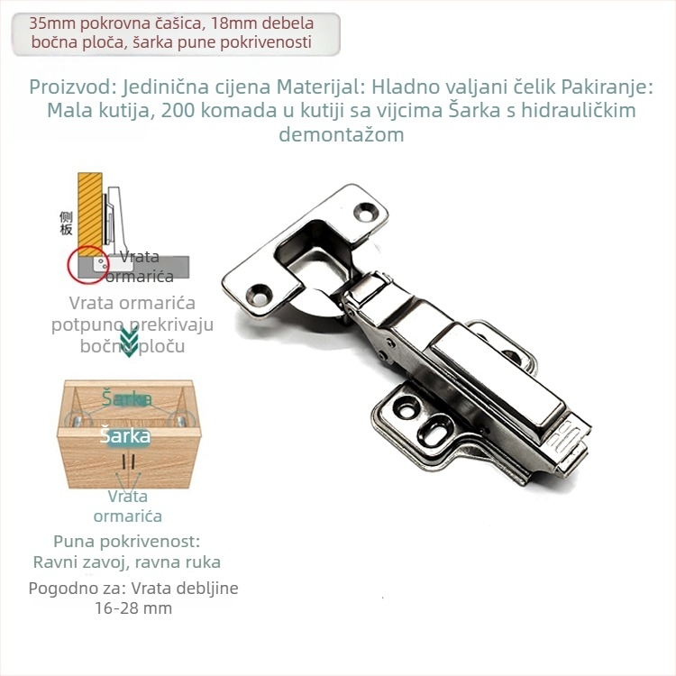 35 mm hidraulične šarke za vrata ormara s punim preklopom, debljina ploče 25–30 mm, cinkova legura