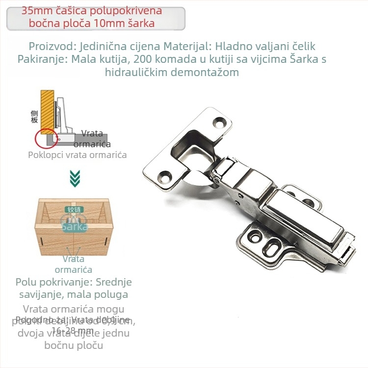 35 mm hidraulične šarke za vrata ormara s punim preklopom, debljina ploče 25–30 mm, cinkova legura