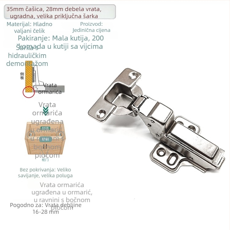 35 mm hidraulične šarke za vrata ormara s punim preklopom, debljina ploče 25–30 mm, cinkova legura