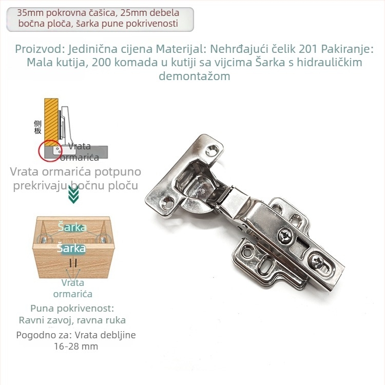 35 mm hidraulične šarke za vrata ormara s punim preklopom, debljina ploče 25–30 mm, cinkova legura