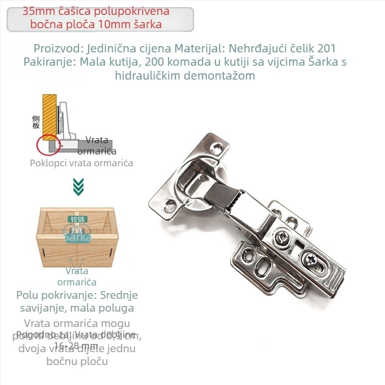 35 mm hidraulične šarke za vrata ormara s punim preklopom, debljina ploče 25–30 mm, cinkova legura