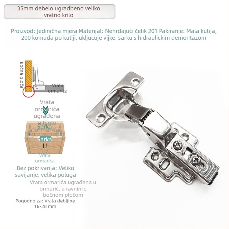 35 mm hidraulične šarke za vrata ormara s punim preklopom, debljina ploče 25–30 mm, cinkova legura