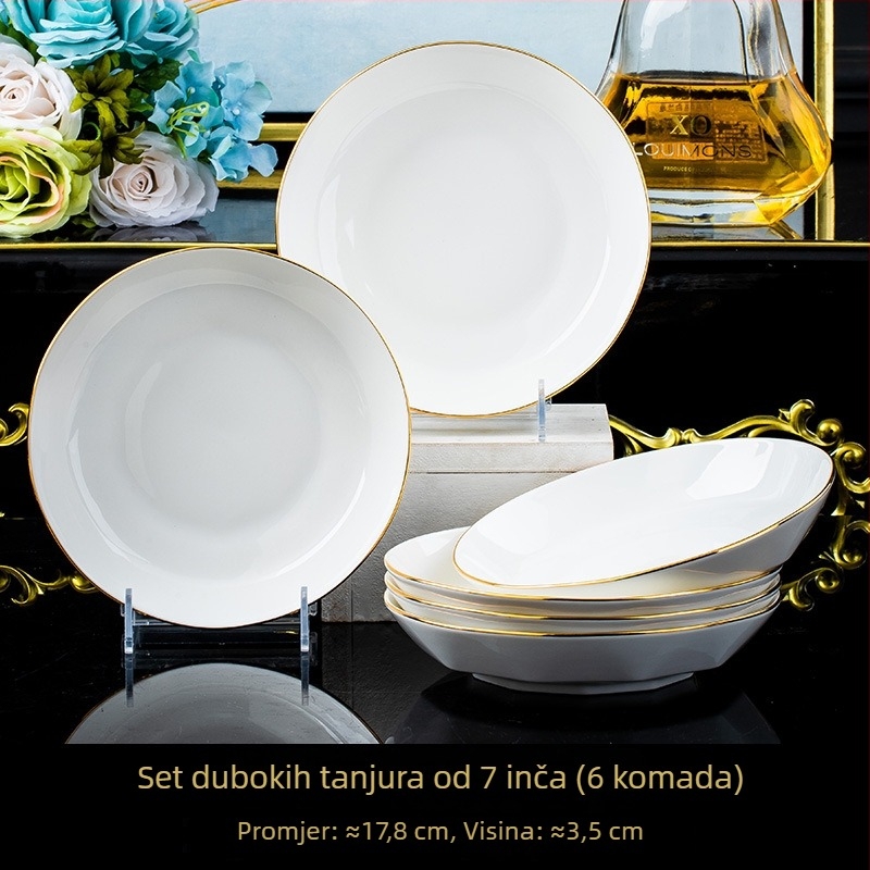 Set posuđa od kostnog porculana: tanjur s dijamantnim uzorkom, okrugli tanjur, kvadratni tanjur i tanjur za ribu; minimalistički, lagani luksuz; ručno crtani zlatni motiv lotosa
