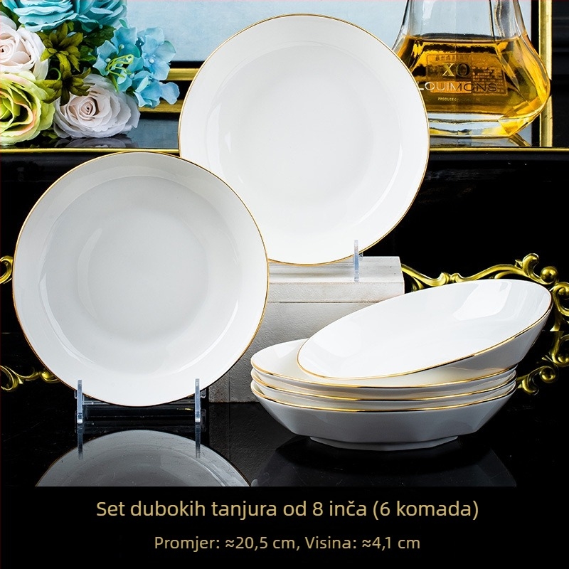 Set posuđa od kostnog porculana: tanjur s dijamantnim uzorkom, okrugli tanjur, kvadratni tanjur i tanjur za ribu; minimalistički, lagani luksuz; ručno crtani zlatni motiv lotosa