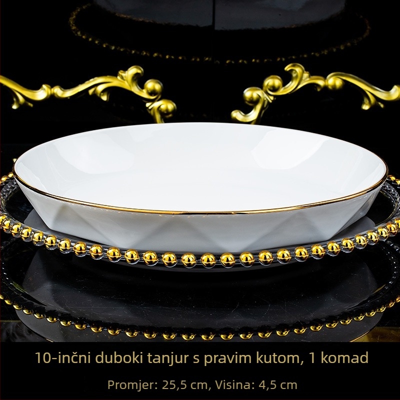 Set posuđa od kostnog porculana: tanjur s dijamantnim uzorkom, okrugli tanjur, kvadratni tanjur i tanjur za ribu; minimalistički, lagani luksuz; ručno crtani zlatni motiv lotosa