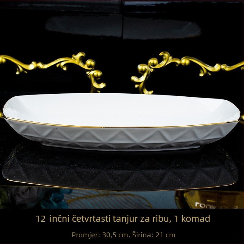 Set posuđa od kostnog porculana: tanjur s dijamantnim uzorkom, okrugli tanjur, kvadratni tanjur i tanjur za ribu; minimalistički, lagani luksuz; ručno crtani zlatni motiv lotosa