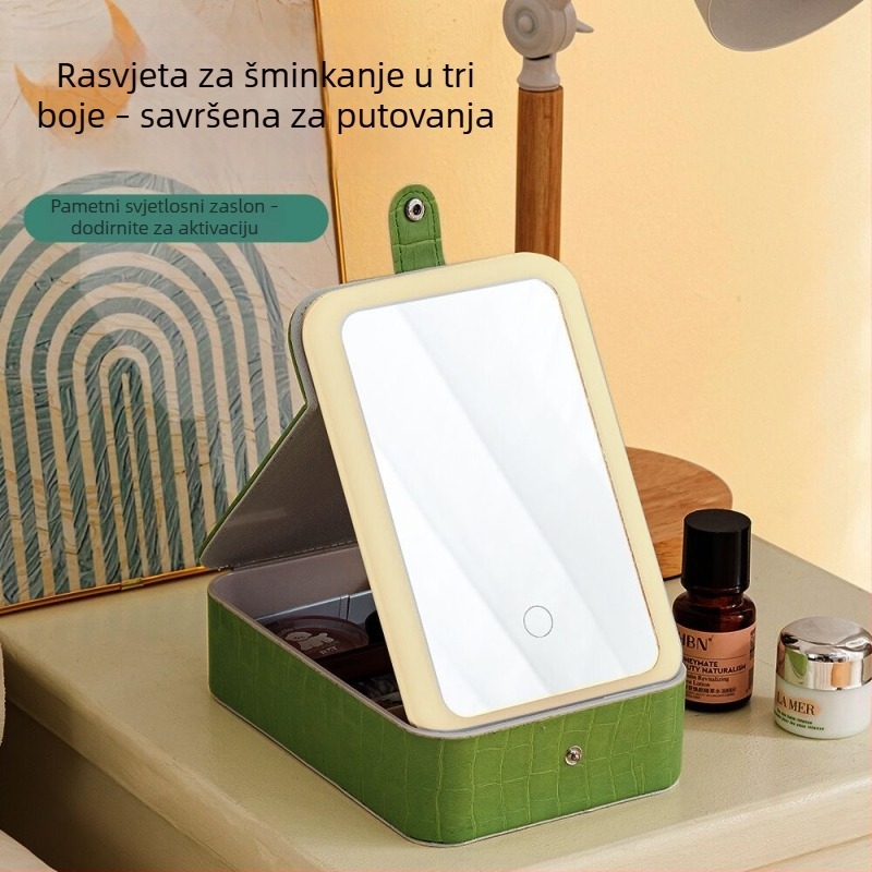 LED kutija za šminku s trobojnim osvjetljenjem, sklopiva prijenosna ogledalo, spremnik za kozmetiku i nakit, za putovanja