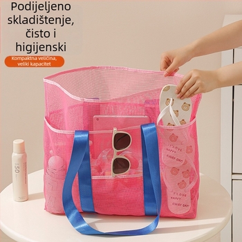 Torba za plažu velike kapacitete s mrežom u boji, ručna prijenosna torba za vanjsku pohranu odjeće i sitnica