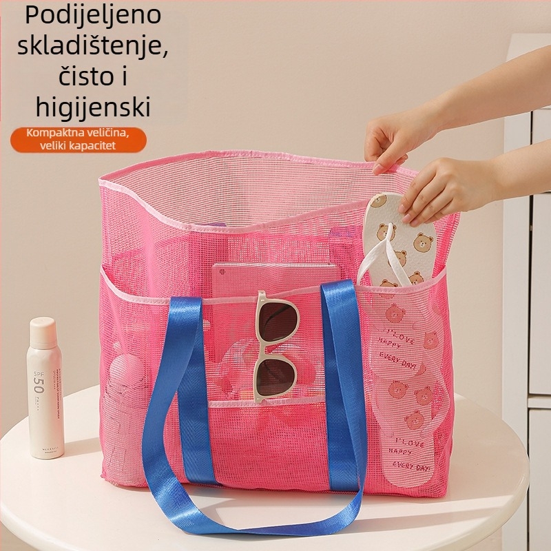 Torba za plažu velike kapacitete s mrežom u boji, ručna prijenosna torba za vanjsku pohranu odjeće i sitnica