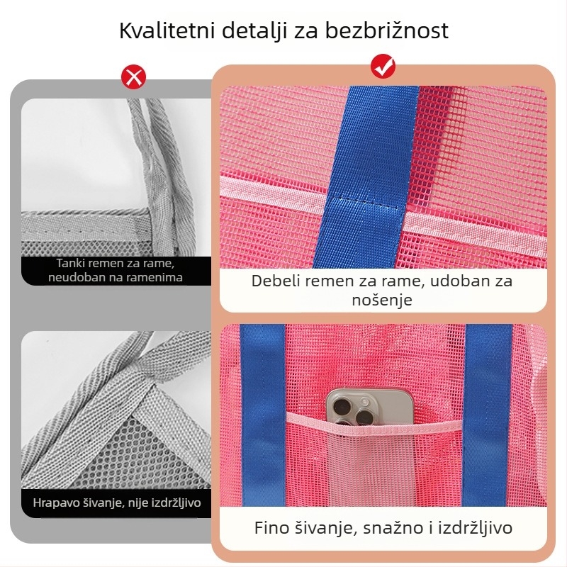 Torba za plažu velike kapacitete s mrežom u boji, ručna prijenosna torba za vanjsku pohranu odjeće i sitnica