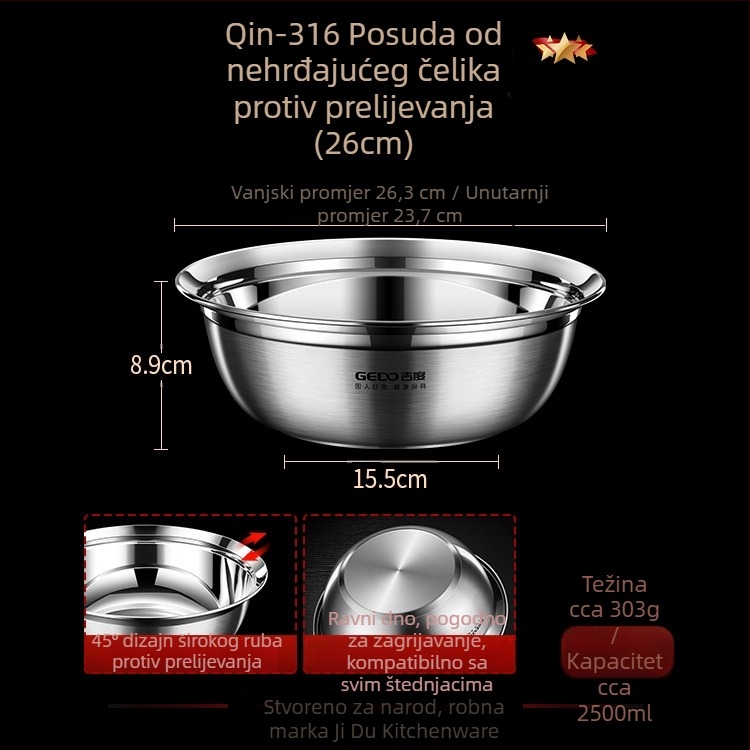 Jidu 316 nehrđajući čelična zdjela za juhu i rižu, kuhinja, za razbijanje jaja i mijesanje tijesta te pranje povrća, dar