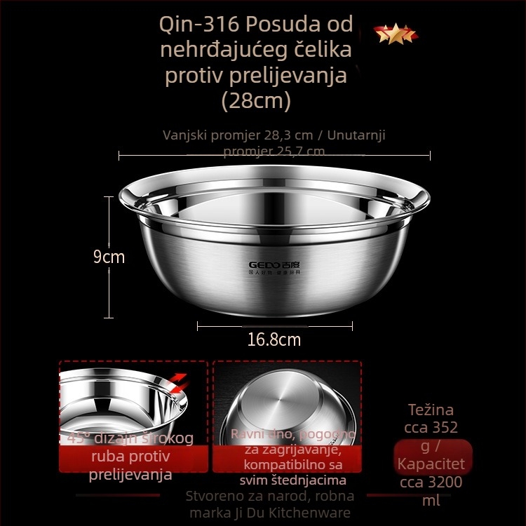 Jidu 316 nehrđajući čelična zdjela za juhu i rižu, kuhinja, za razbijanje jaja i mijesanje tijesta te pranje povrća, dar
