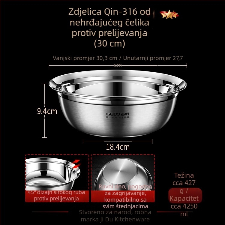 Jidu 316 nehrđajući čelična zdjela za juhu i rižu, kuhinja, za razbijanje jaja i mijesanje tijesta te pranje povrća, dar