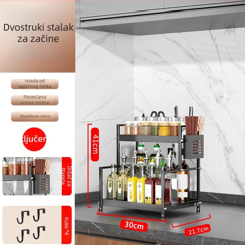 Stalak za začine na kuhinjskom pultu s držačem noževa, bez bušenja, od karbonske čelika