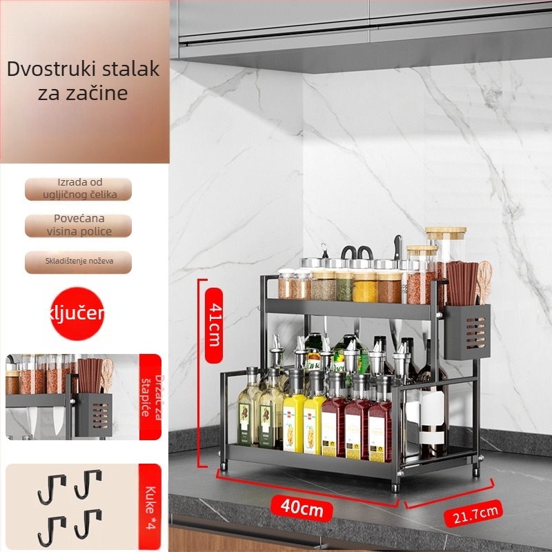 Stalak za začine na kuhinjskom pultu s držačem noževa, bez bušenja, od karbonske čelika