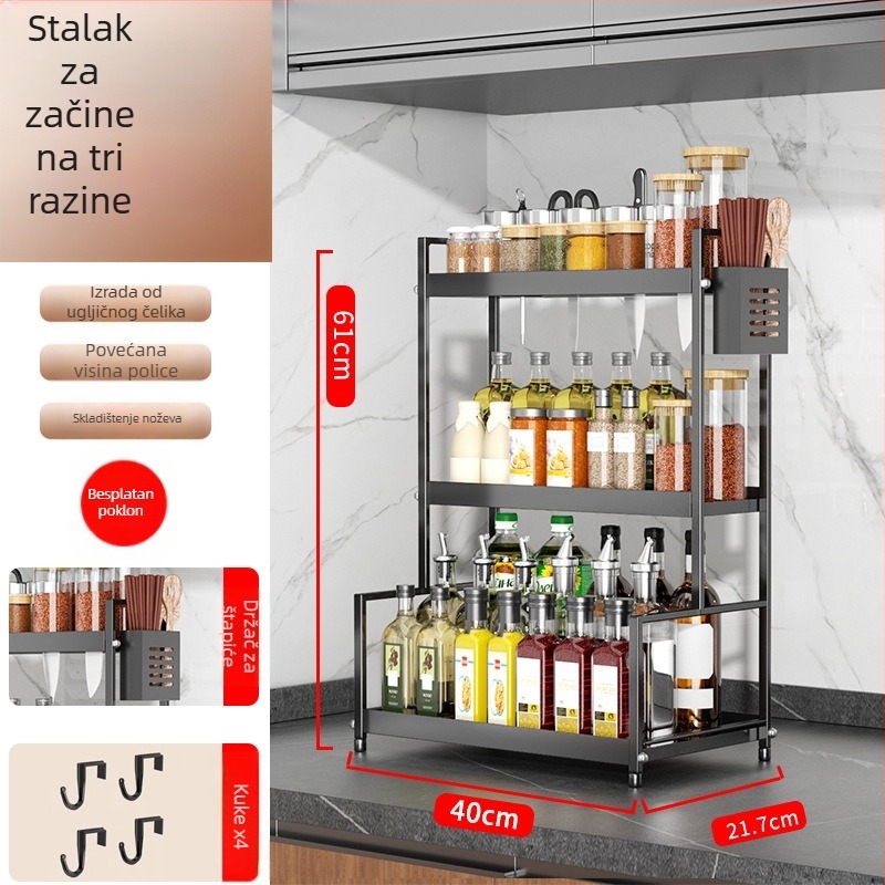 Stalak za začine na kuhinjskom pultu s držačem noževa, bez bušenja, od karbonske čelika