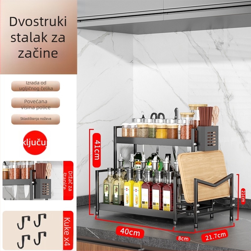 Stalak za začine na kuhinjskom pultu s držačem noževa, bez bušenja, od karbonske čelika