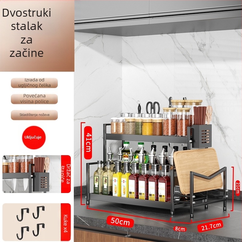 Stalak za začine na kuhinjskom pultu s držačem noževa, bez bušenja, od karbonske čelika