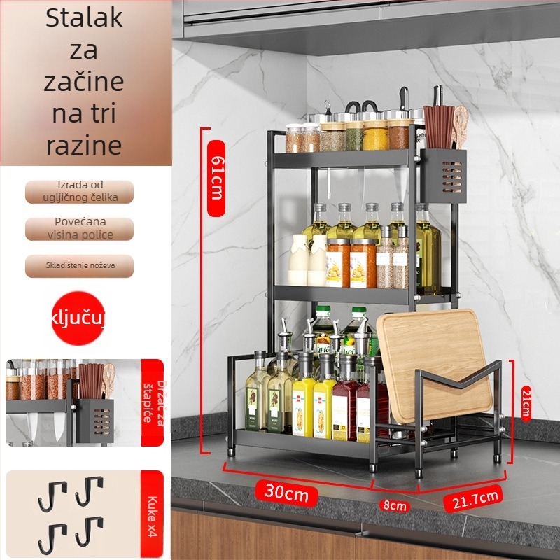 Stalak za začine na kuhinjskom pultu s držačem noževa, bez bušenja, od karbonske čelika